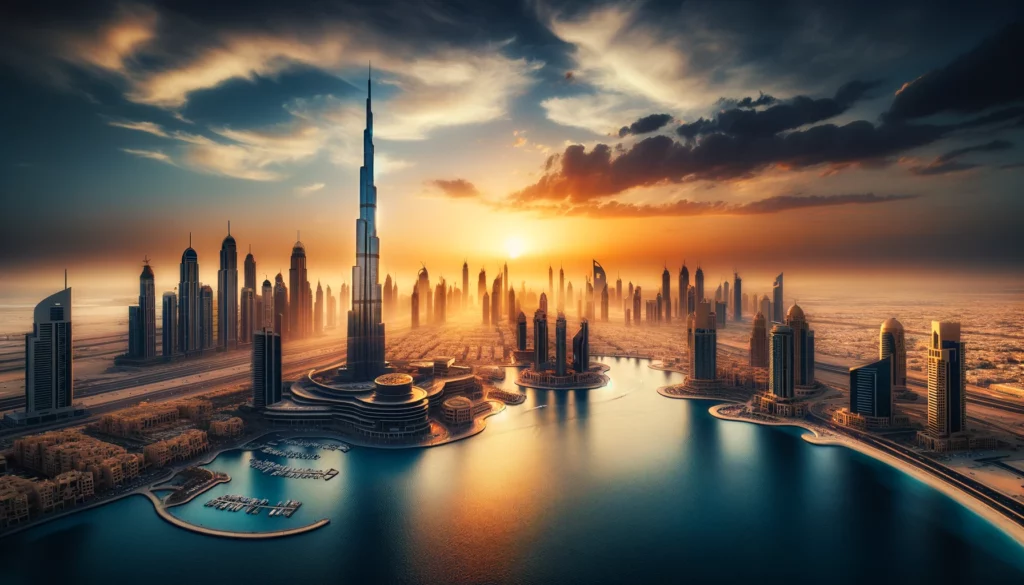 A panoramic view of Dubai showcasing its iconic skyline including the Burj Khalifa set against a stunning sunset. The scene captures the citys ble