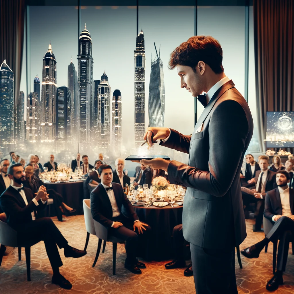 Vinz the corporate magician performing an engaging magic trick in front of an audience at a sophisticated corporate event in Dubai