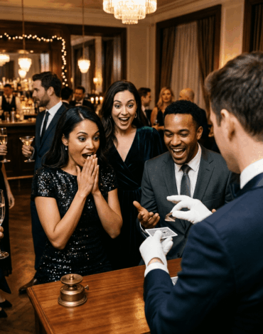Vinz Magicien réalise un tour de cartes devant des invités élégants lors d’une soirée, suscitant surprise et émerveillement.