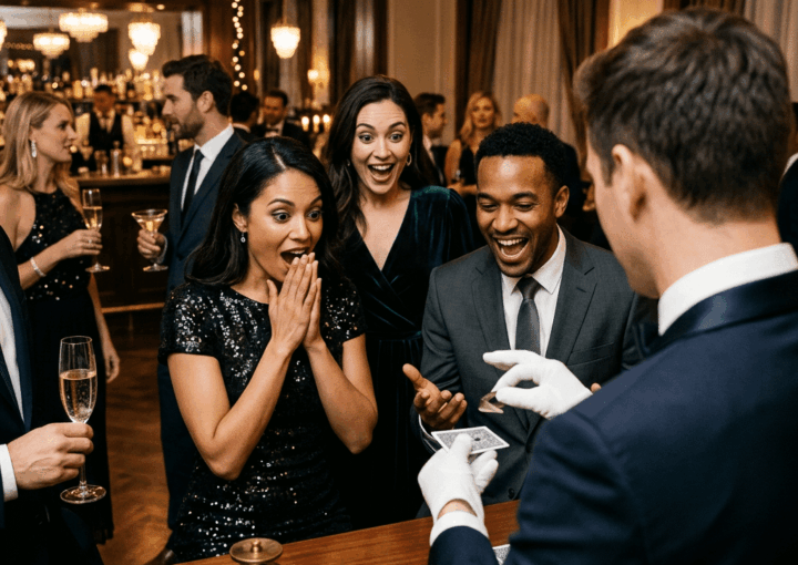 Vinz Magicien réalise un tour de cartes devant des invités élégants lors d’une soirée, suscitant surprise et émerveillement.