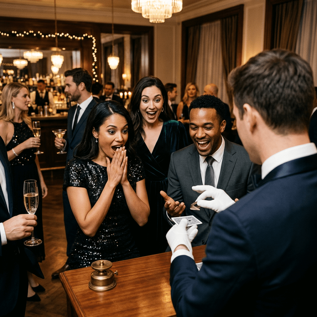 Vinz Magicien réalise un tour de cartes devant des invités élégants lors d’une soirée, suscitant surprise et émerveillement.