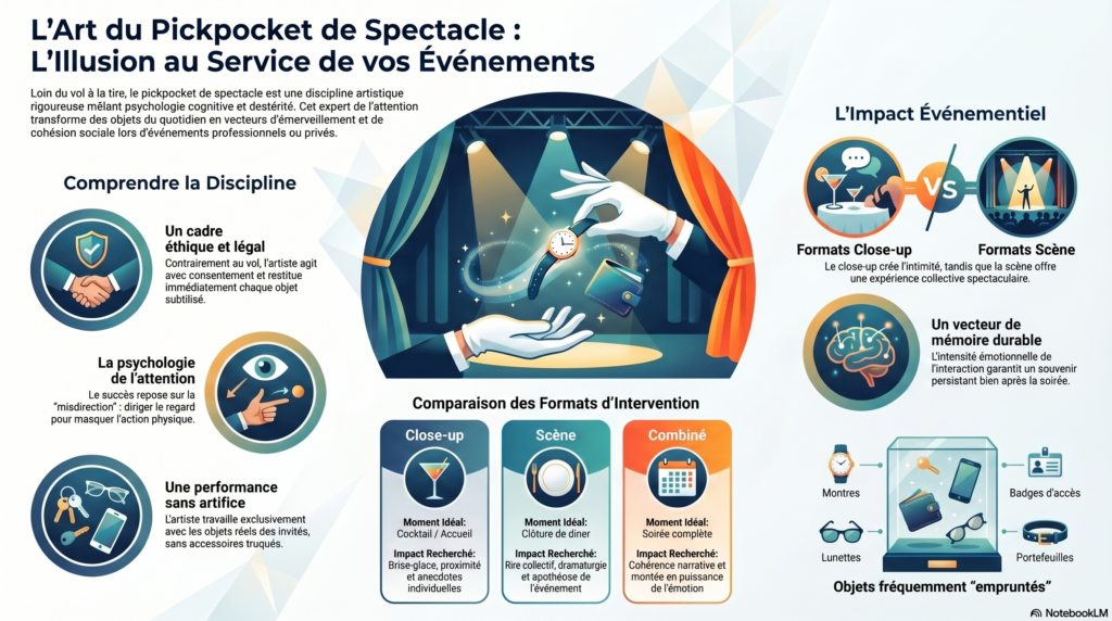 affiche expliquant l'art du pickpocket de spectacle par vinz magicien