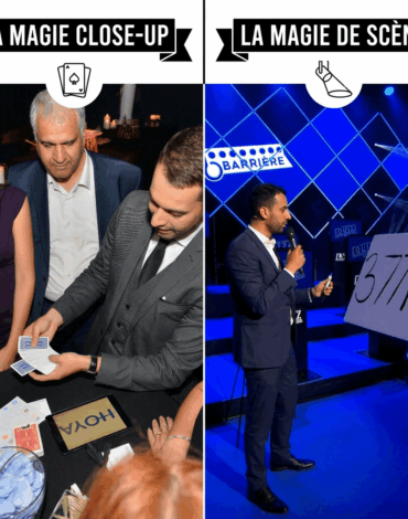 Comparaison entre un magicien en close-up réalisant des tours de cartes à une table avec des spectateurs et un magicien sur scène présentant un tour devant un large public avec micro et éclairages.