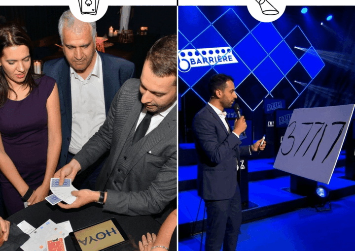 Comparaison entre un magicien en close-up réalisant des tours de cartes à une table avec des spectateurs et un magicien sur scène présentant un tour devant un large public avec micro et éclairages.