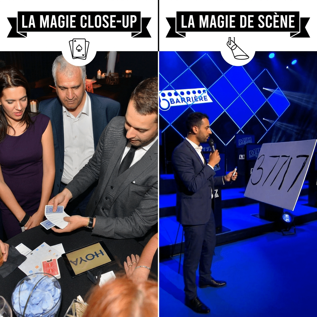 Comparaison entre un magicien en close-up réalisant des tours de cartes à une table avec des spectateurs et un magicien sur scène présentant un tour devant un large public avec micro et éclairages.