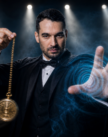 Magicien en smoking noir tenant une montre de poche dorée suspendue à une chaîne, la main tendue avec un effet lumineux tourbillonnant bleu, sur scène devant un public.