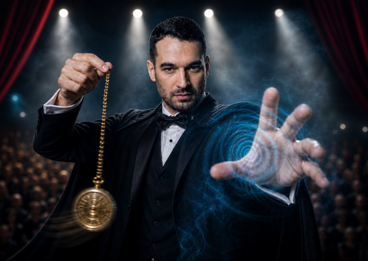 Magicien en smoking noir tenant une montre de poche dorée suspendue à une chaîne, la main tendue avec un effet lumineux tourbillonnant bleu, sur scène devant un public.