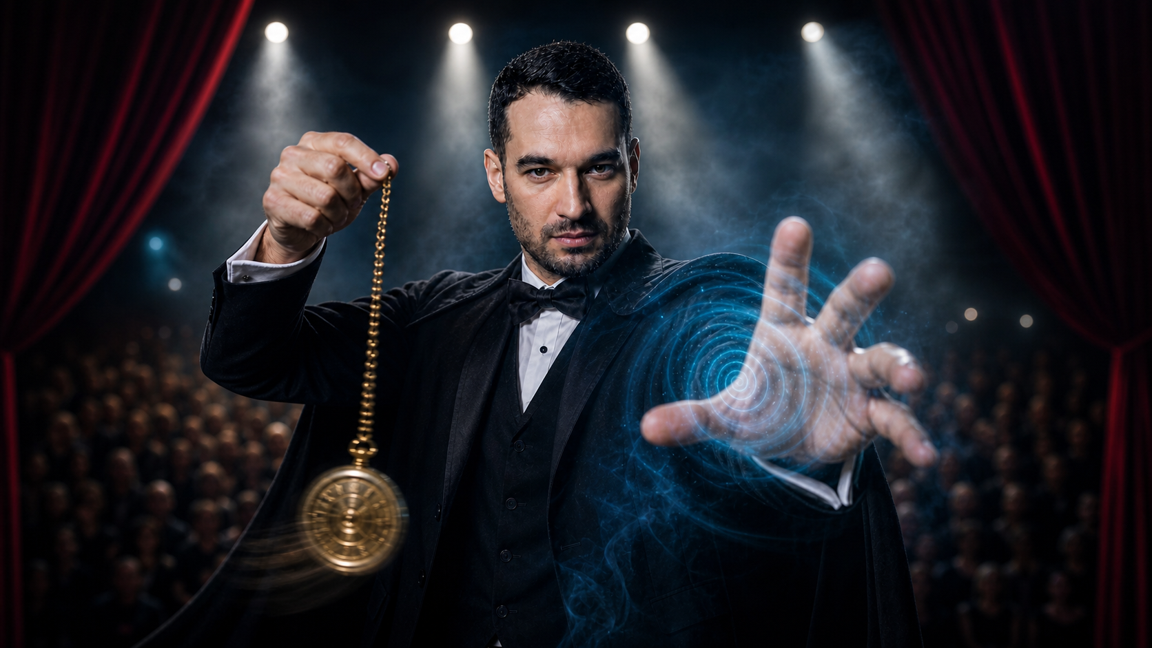 Magicien en smoking noir tenant une montre de poche dorée suspendue à une chaîne, la main tendue avec un effet lumineux tourbillonnant bleu, sur scène devant un public.