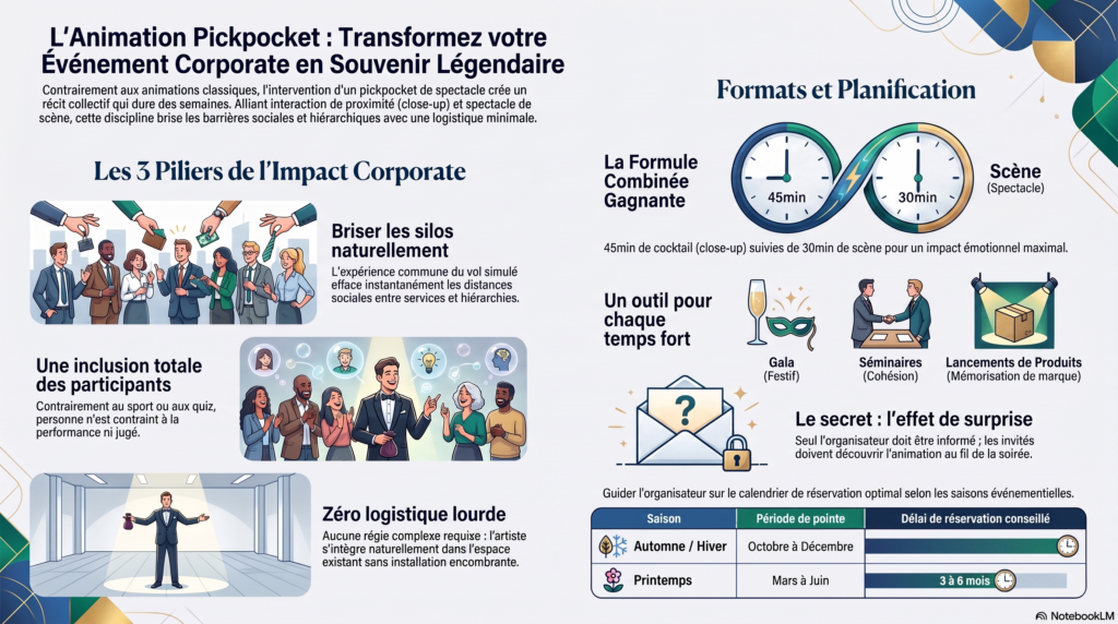 Infographie animation pickpocket événement corporate : les 3 piliers de l'impact, formats et planification