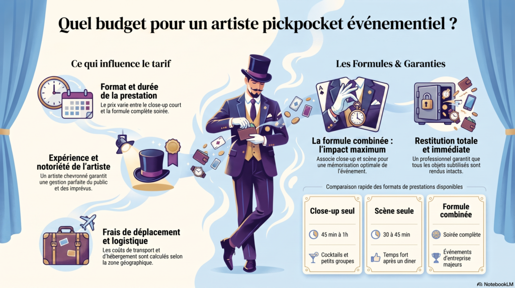 Infographie budget artiste pickpocket événementiel : facteurs de prix, formules close-up, scène et combinée, restitution garantie