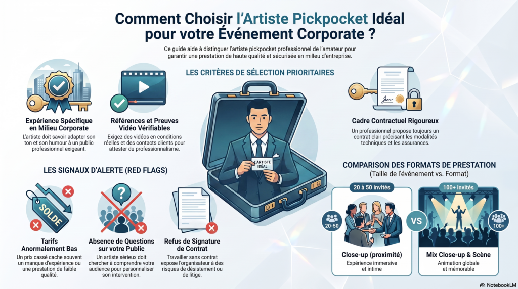 nfographie expliquant comment choisir un artiste pickpocket pour un événement corporate, avec critères de sélection (expérience, références vidéo, contrat), signaux d’alerte et comparaison des formats d’animation selon le nombre d’invités.