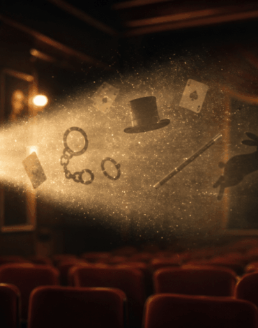 Illustration représentant la magie au cinéma avec un magicien, des cartes et une ambiance de film fantastique