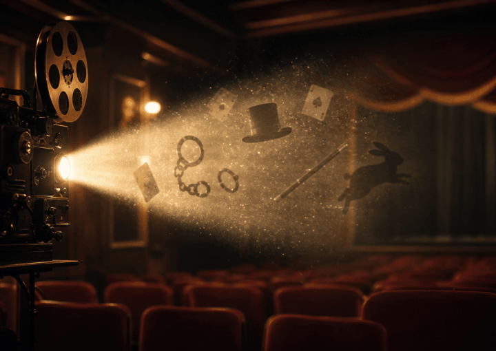 Illustration représentant la magie au cinéma avec un magicien, des cartes et une ambiance de film fantastique