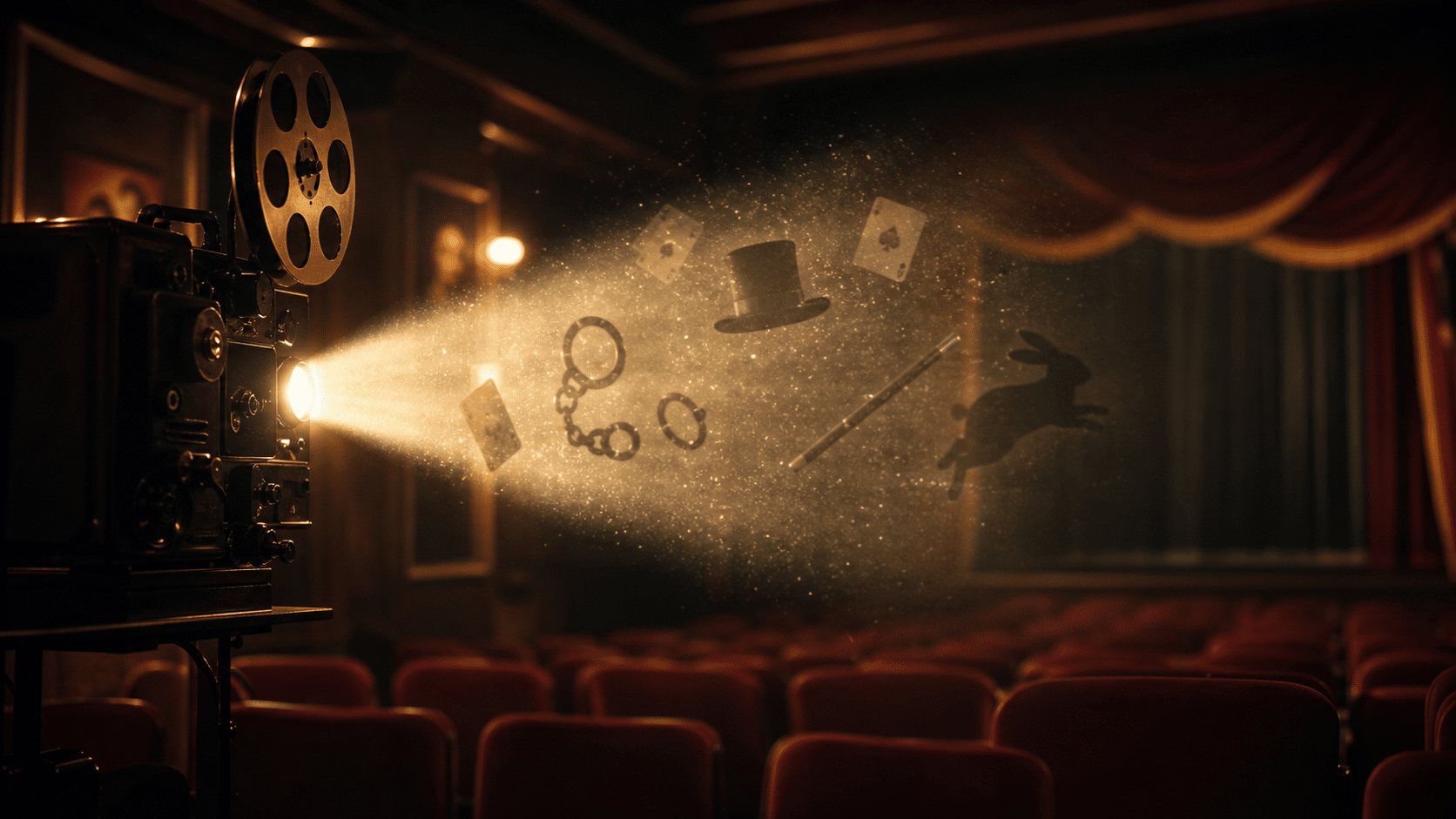 Illustration représentant la magie au cinéma avec un magicien, des cartes et une ambiance de film fantastique